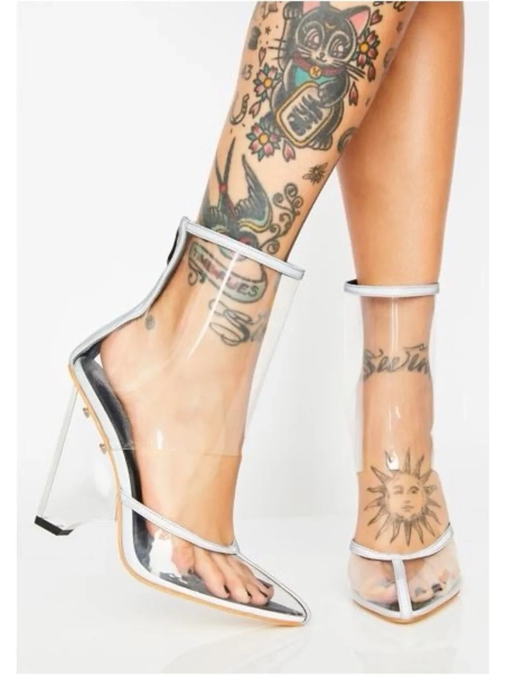 Azalea Wang Kitty Reflective Silver Clear PVC Lucite Heel Size 11 NWT